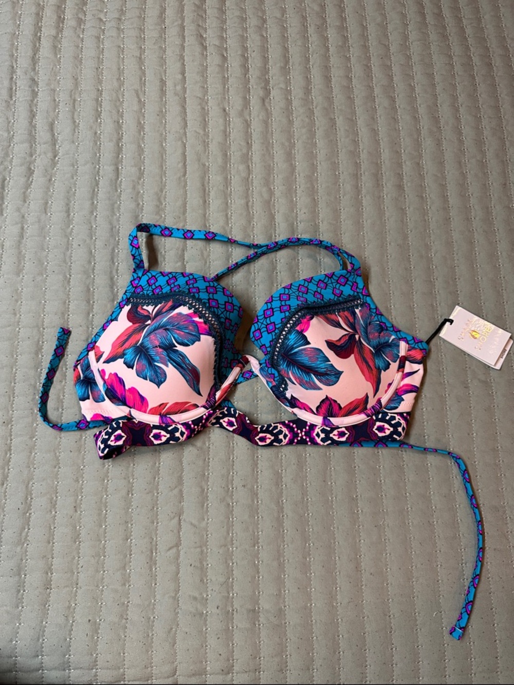 Shade & Shore Pink Bikini Top with Blue and Purple Floral Print